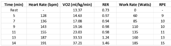 Data obtained from the VO2max test on the cycle ergometer