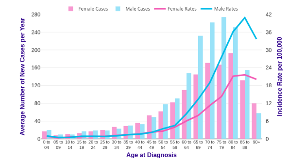 The number of new cases of AML and age-related incidence rate per 100,000 from 2015-2017 in the UK