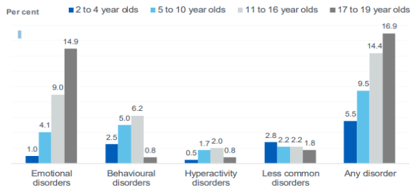 Rates of different types of mental illness in 5-19 year olds by age (Carers UK 2015)