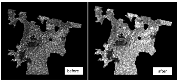 the radar image before and after applying the median filter