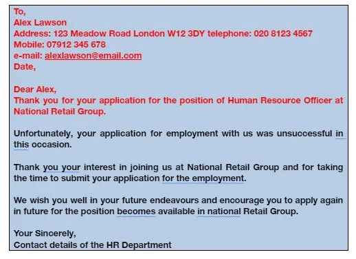 Letter for unsuccessful applicant